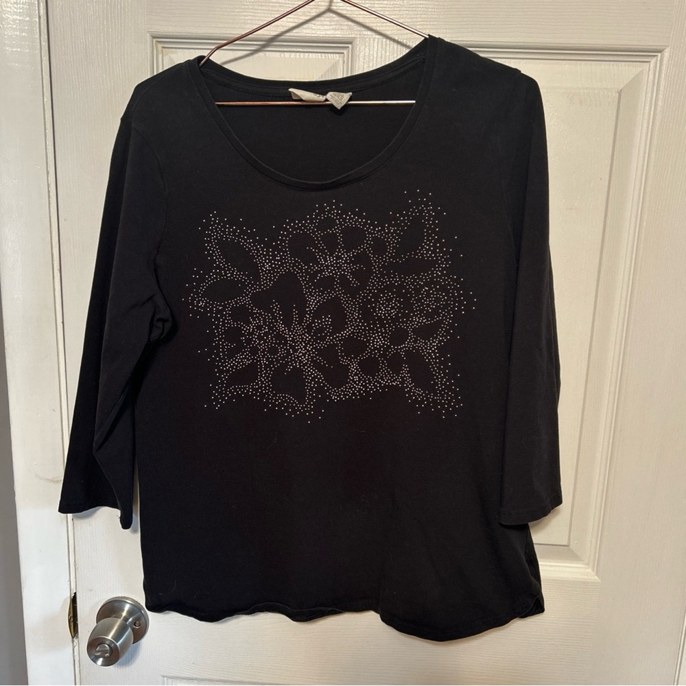Black Scoop Neck 3/4 Sleeve Top with Floral Stud Detail